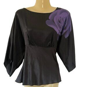 Gorgeous KENAR Silk Black Blouse Purple Flowers Size M